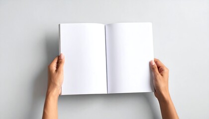 Hands holding blank brochure.
