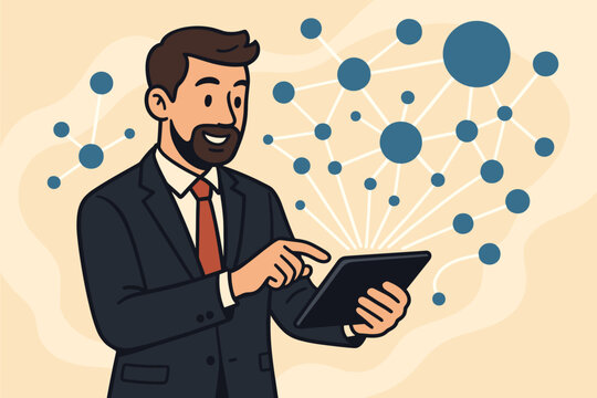 Businessman managing abstract network connections with a digital tablet. Concept of modern technology, global communication, data management, innovation, and digital strategy. Vector.