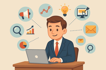Businessman at laptop planning digital marketing strategy. Vector cartoon concept illustration with icons for SEO, analytics, email, PPC, and business growth. Infographic elements.