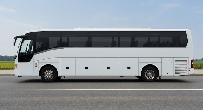 A side view of a long white bus with tinted windows parked on an asphalt road under a cloudy sky
