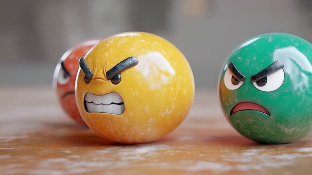Three angry emoji spheres