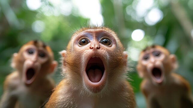 In a vibrant jungle setting, three shocked monkeys open their mouths in unison, illustrating surprise and curiosity in their natural habitat, captured in vivid detail and color.