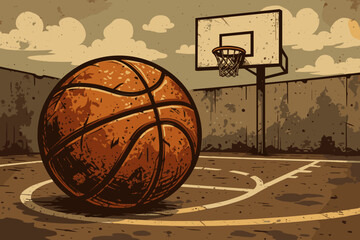 Vintage grunge basketball scene with classic textured ball and outdoor court hoop. Retro distressed street sport game vector illustration with aged urban aesthetic.