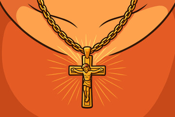 Golden Crucifix Necklace with Jesus Figure, Sacred Christian Symbol of Faith and Devotion, Worn Close to the Heart. Religious Jewelry Pendant, Vector Cartoon Illustration.