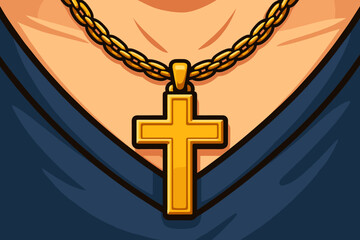 Gold Cross Necklace, Christian Faith Symbol of Devotion, Sacred Spirituality & Religious Beliefs, Holy Jewelry Accessory, Divine Emblem, Cartoon Vector Illustration