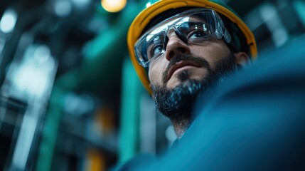 A focused male worker wearing protective gear and goggles stands in an industrial environment, embodying diligence, safety, and the modern workforce's dedication to excellence.