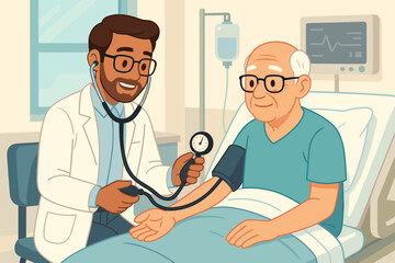 Doctor Measuring Elderly Patient Blood Pressure in Hospital Room, Medical Checkup, Healthcare Professional, Senior Care, Patient Monitoring, Disease Prevention, Cartoon Vector Illustration