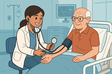 Medical professional measuring blood pressure of elderly male patient in hospital room. Healthcare checkup, monitoring vital signs, doctor visit, nursing care, medical examination vector illustration