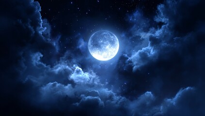 Night Sky A Majestic Full Moon Glowing Through Dramatic Clouds