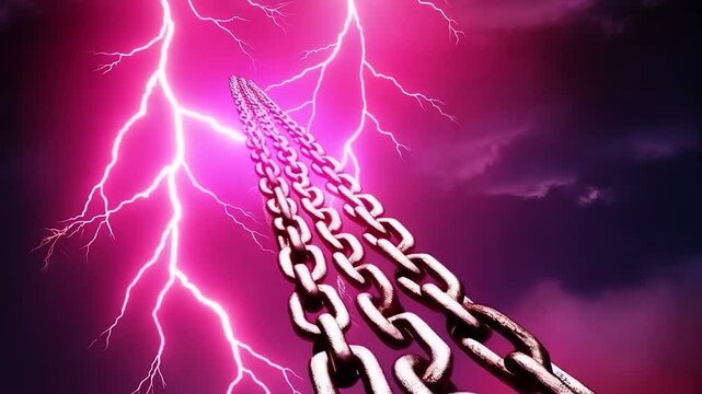 A heavy chain stretches against a backdrop of vibrant pink lightning and stormy clouds