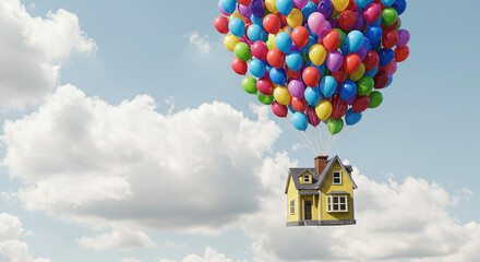 A yellow house floating in the sky attached to a large bunch of colorful balloons against cloudy sky