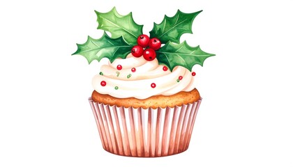 Christmas cupcake with holly, and festive treat.
