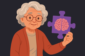 Elderly woman holding brain puzzle piece symbolizing Alzheimer’s, dementia awareness, memory loss, cognitive decline, brain health, mental disease prevention, cartoon vector illustration