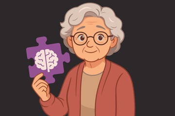 Senior woman holding purple puzzle piece with brain icon, symbolizing Alzheimer’s awareness, dementia, memory loss, mental health, cognitive decline, elderly care concept, vector illustration