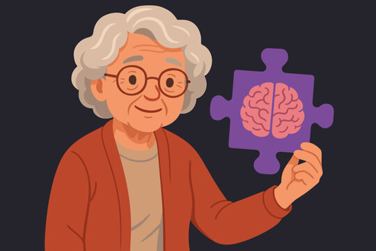 Elderly woman holding brain puzzle piece symbolizing Alzheimer’s, dementia awareness, memory loss, cognitive decline, brain health, mental disease prevention, cartoon vector illustration