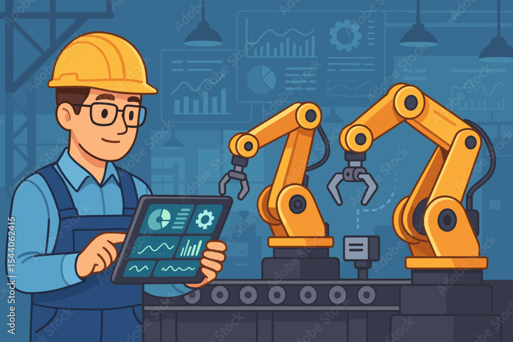 Poster industrial engineer operating automation robot arms with digital tablet, real-time data interface, s