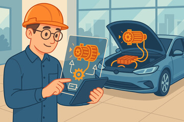 Engineer with Hard Hat Using Augmented Reality Tablet for Electric Car Engine Inspection in Modern Showroom. Futuristic Vehicle Maintenance. Smart Technology Concept. Vector Illustration.