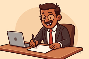 Cartoon businessman in suit writing business plans at desk with laptop and paper, planning strategy, office workspace, entrepreneur concept, modern corporate vector illustration, 2025 vision