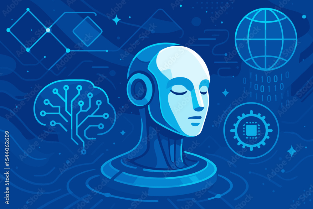 Poster futuristic artificial intelligence robot with circuit brain, digital network, global connectivity, b