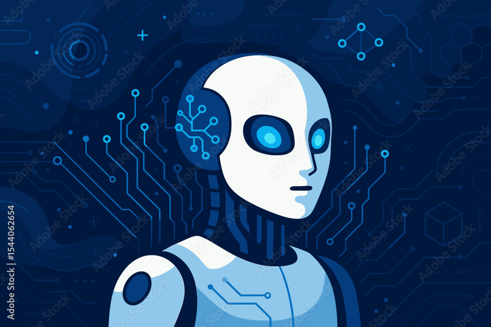 Poster futuristic artificial intelligence robot with circuit board pattern, innovative technology backgroun