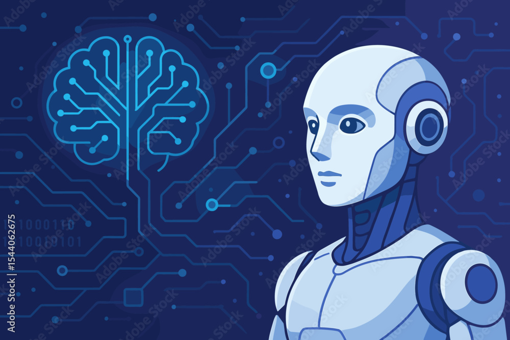 Poster futuristic artificial intelligence concept with humanoid robot, digital brain, circuit board pattern