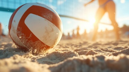 An exhilarating beach volleyball scene at sunset, showcasing athleticism and playfulness as players engage in a spirited match on golden sands beside the sea.