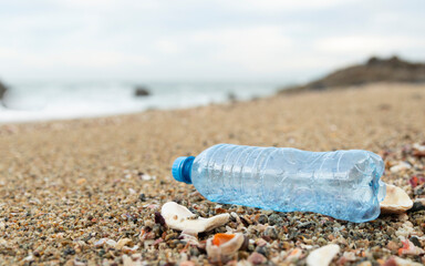 Used plastic water bottle washed of a tropical beach, highlighting the worldwide crisis of plastic...