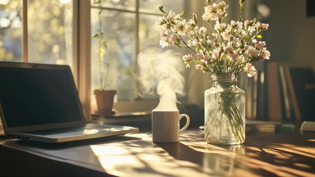 A cozy workspace with a laptop, a steaming cup of coffee, and a vase of flowers on a wooden table. Sunlight streams through a window, creating a warm atmosphere.