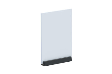 Blank acrylic desktop tent isolated on white background. Tabletop plexiglass sign. Price tag. Menu card display. 3d render