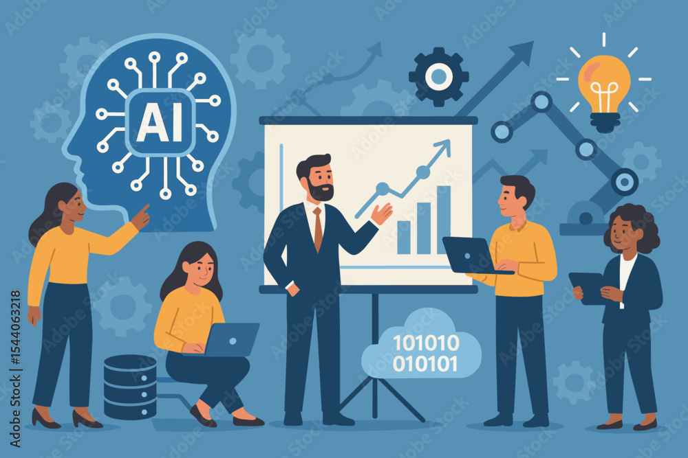 Poster artificial intelligence in business concept. team meeting with a presentation on machine learning an