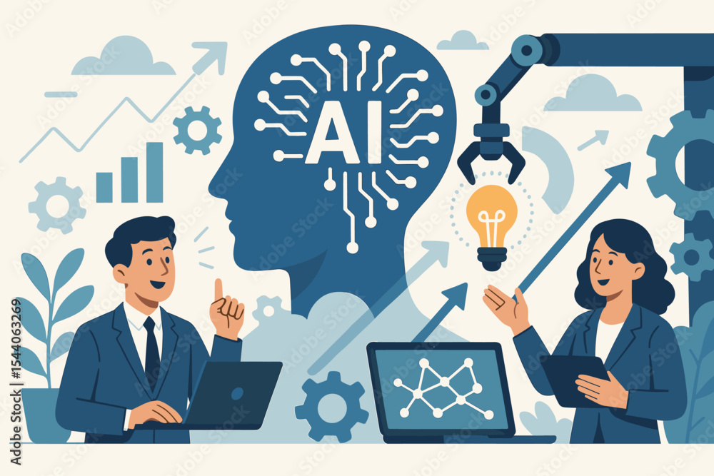 Poster artificial intelligence concept. machine learning, business technology revolution. teamwork for grow