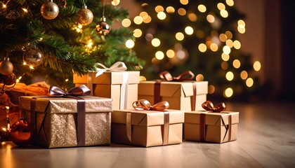 Christmas gifts under tree lights.