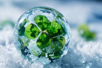 Frozen Four-Leaf Clover in Ice Orb A Symbol of Spring's Promise