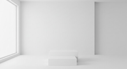 Fototapeta premium A minimalist white room with a large window and two white rectangular podiums in the center of the room