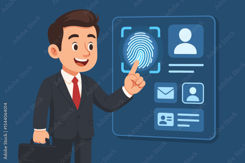 Poster businessman accessing personal data with fingerprint identification. biometric authentication techno