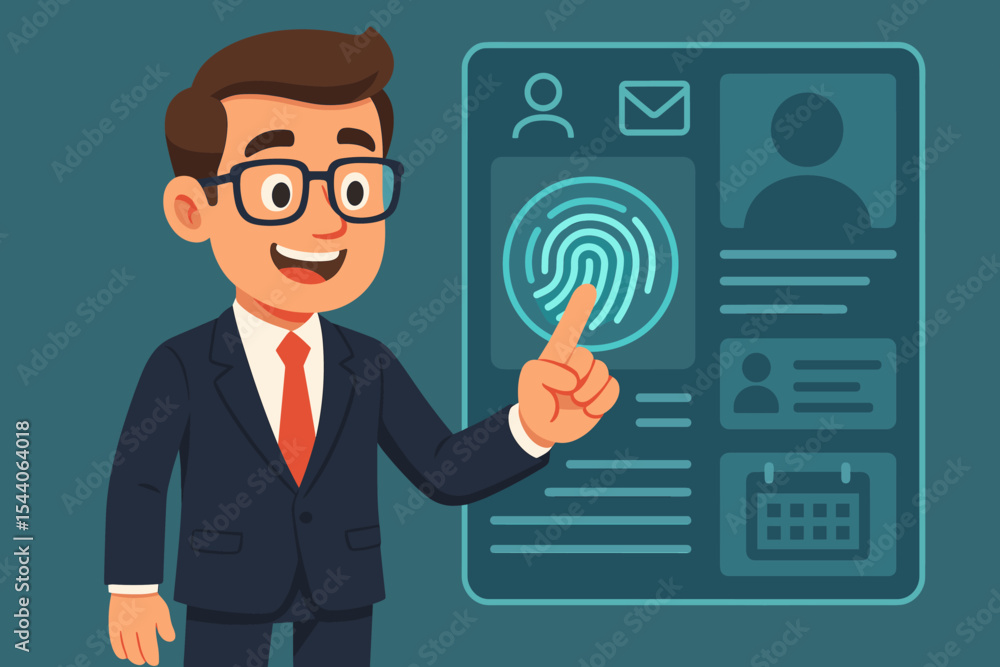 Poster businessman using fingerprint identification for secure login. biometric authentication technology c