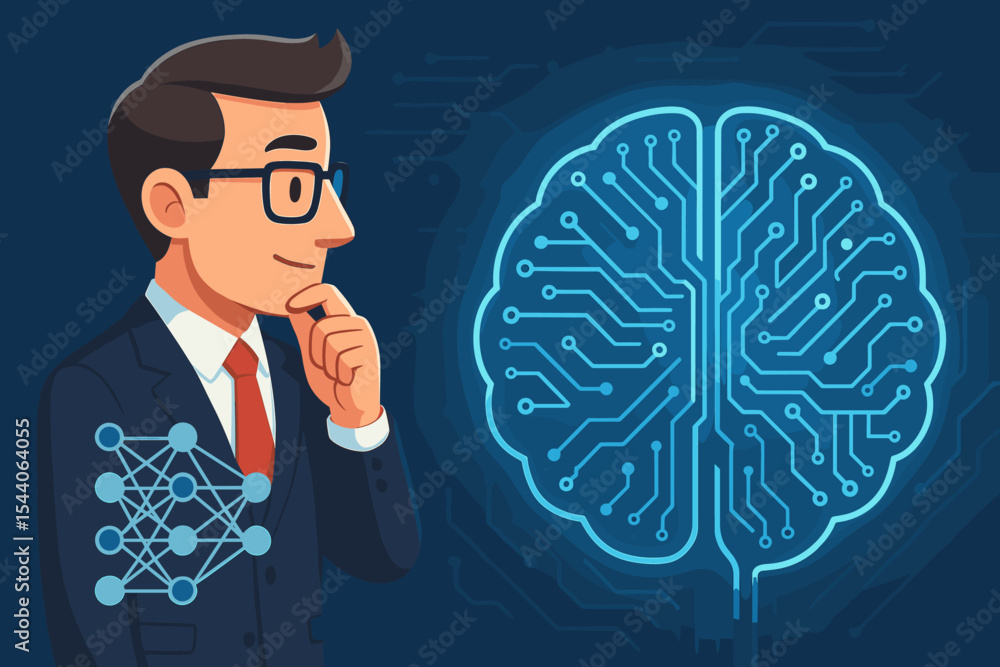Poster futuristic businessman analyzing artificial intelligence neural network, digital brain circuit board