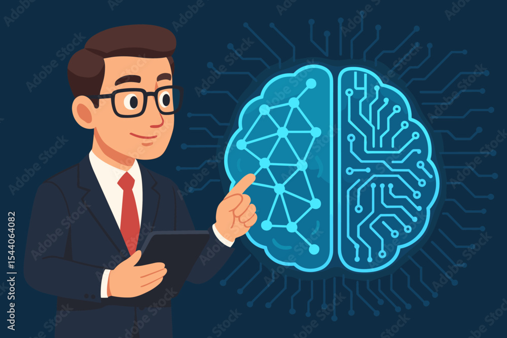 Poster businessman analyzing artificial intelligence neural network with digital brain and circuit board fo