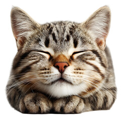 Fototapeta premium Adorable tabby cat sleeping peacefully eyes closed paws tucked in cute kitty isolated on transparent background