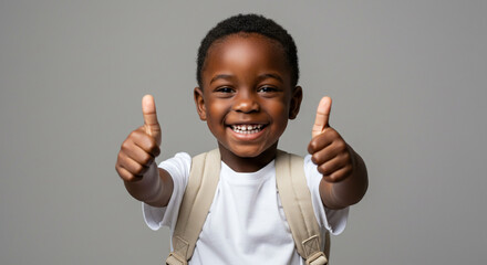 A young african american boy smiles broadly giving two thumbs up wearing a backpack against a gray background