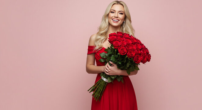 A smiling blonde woman in a red dress holding a large bouquet of red roses against a pink background