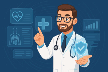Doctor using virtual interface for medical exam and health insurance analysis. Futuristic healthcare technology concept. Telemedicine, digital patient data, online diagnosis. Cartoon vector.