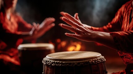 Two hands expertly play drums in a dimly lit space, creating an intense and vibrant atmosphere filled with creativity, rhythm, and a passion for music and cultural expression.