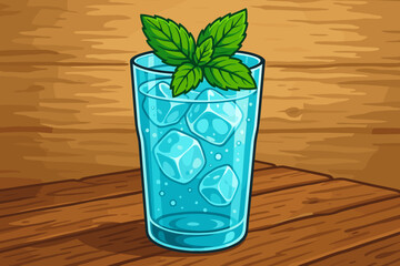 Refreshing iced water with mint leaves in clear glass, ice cubes, bubbles, rustic wooden table background. Summer cold drink, healthy beverage, hydration concept. Cartoon vector illustration