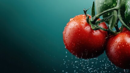 A close-up shot of fresh red tomatoes glistening with water droplets, highlighting their freshness and organic nature, perfect for food lovers and culinary enthusiasts.
