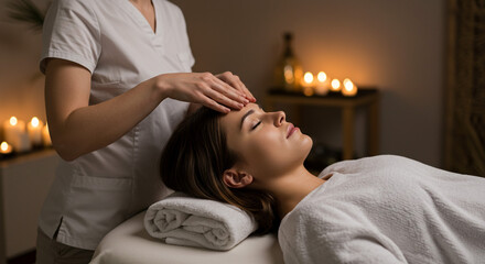 Woman receiving a facial massage in a spa with candles providing a relaxing and calming atmosphere