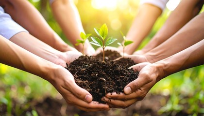Hands holding sapling with new growth.