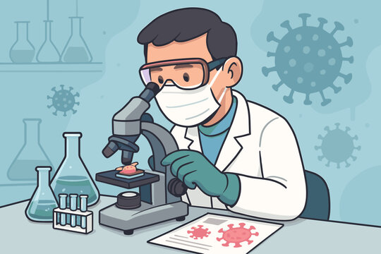 Doctor wearing green gloves in laboratory, researching coronavirus and COVID-19 pandemic. Vector cartoon illustration of scientist working on vaccine development, health protection, medical science.