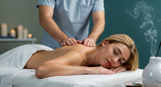 Woman receiving a back massage from a massage therapist in a spa setting with incense burning near her - Powered by Adobe