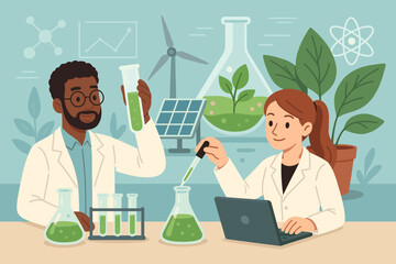 Scientists in eco laboratory researching renewable energy with plants, green liquid, test tubes, solar panels, wind turbine, sustainable science, environmental innovation, vector illustration